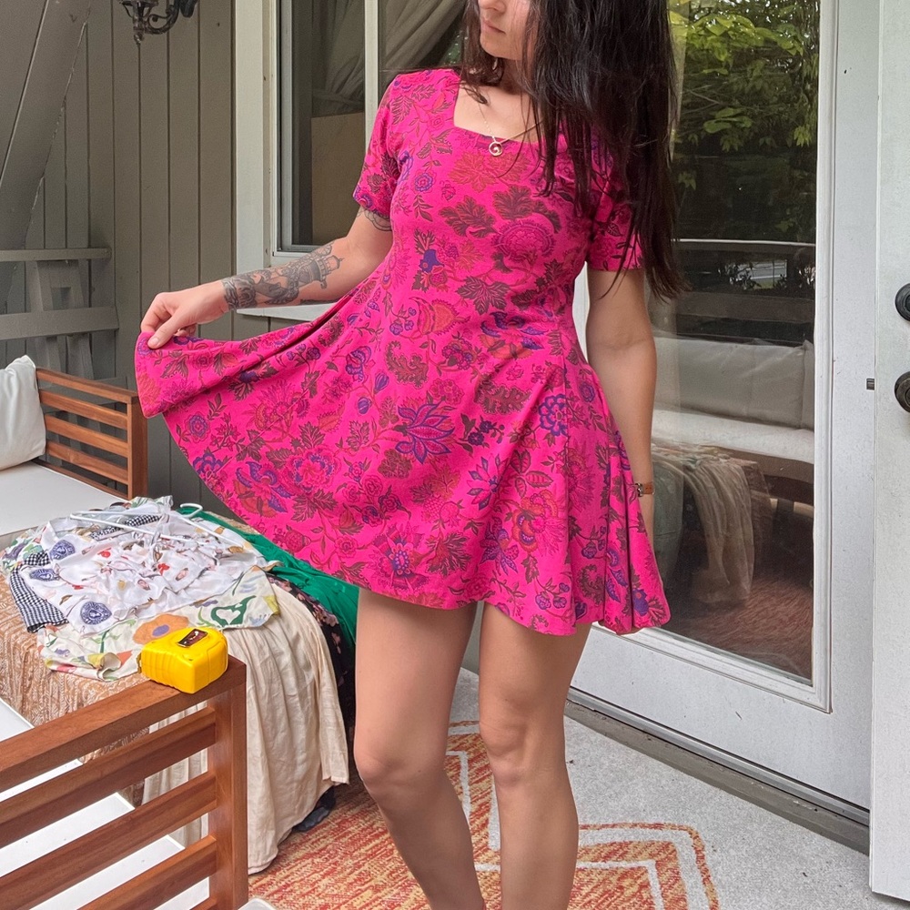 Vintage Floral Hot Pink Mini Dress